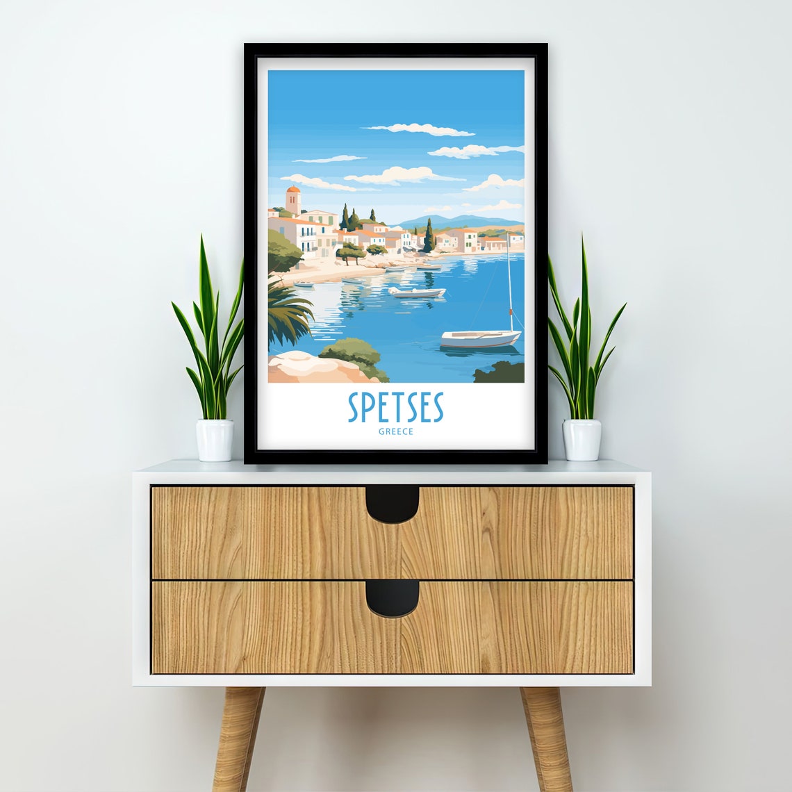 Spetses Greece Harbor Sailboats Bell Tower Retro Travel Poster - Image 2