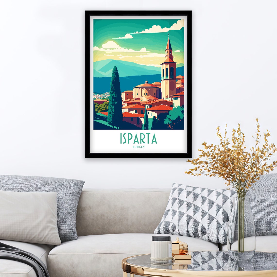 Isparta Turkey Old Town Bell Tower Mountain Retro Travel Poster - Image 3
