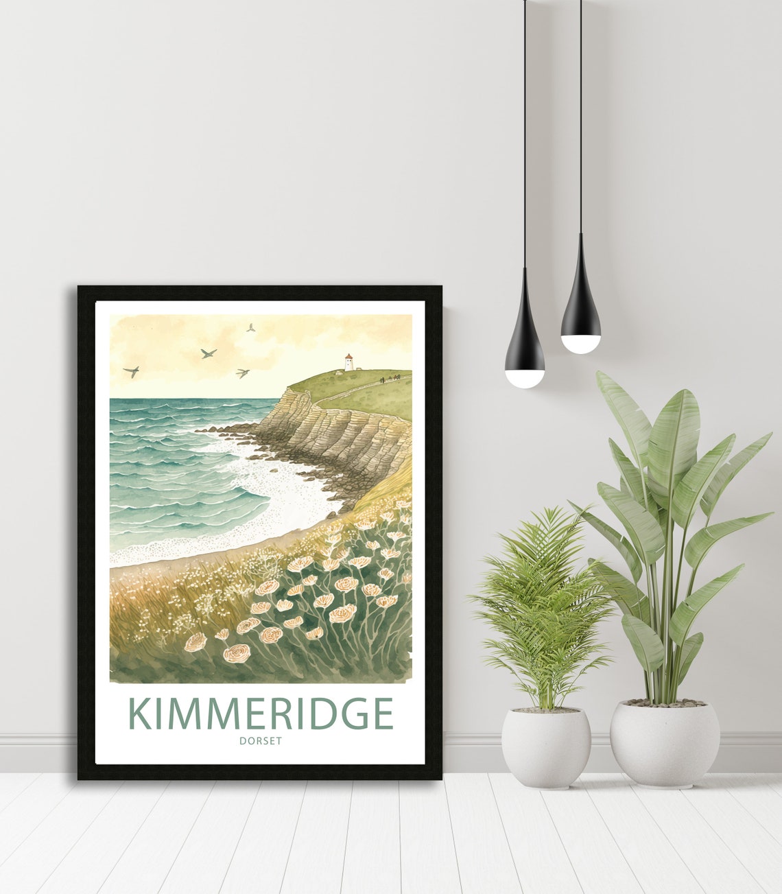 Kimmeridge Bay Dorset Cliffs Watercolor Lighthouse Wildflower Poster - Image 5