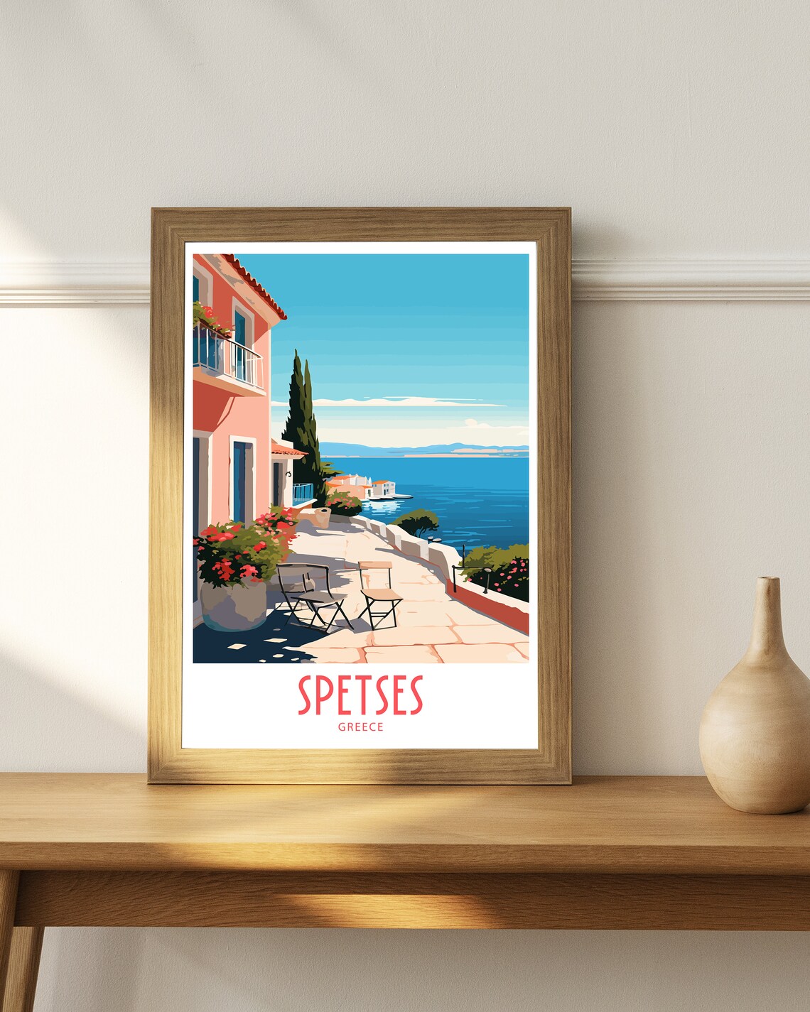 Spetses Greece Sunny Pink Terrace Sea View Retro Travel Poster - Image 4