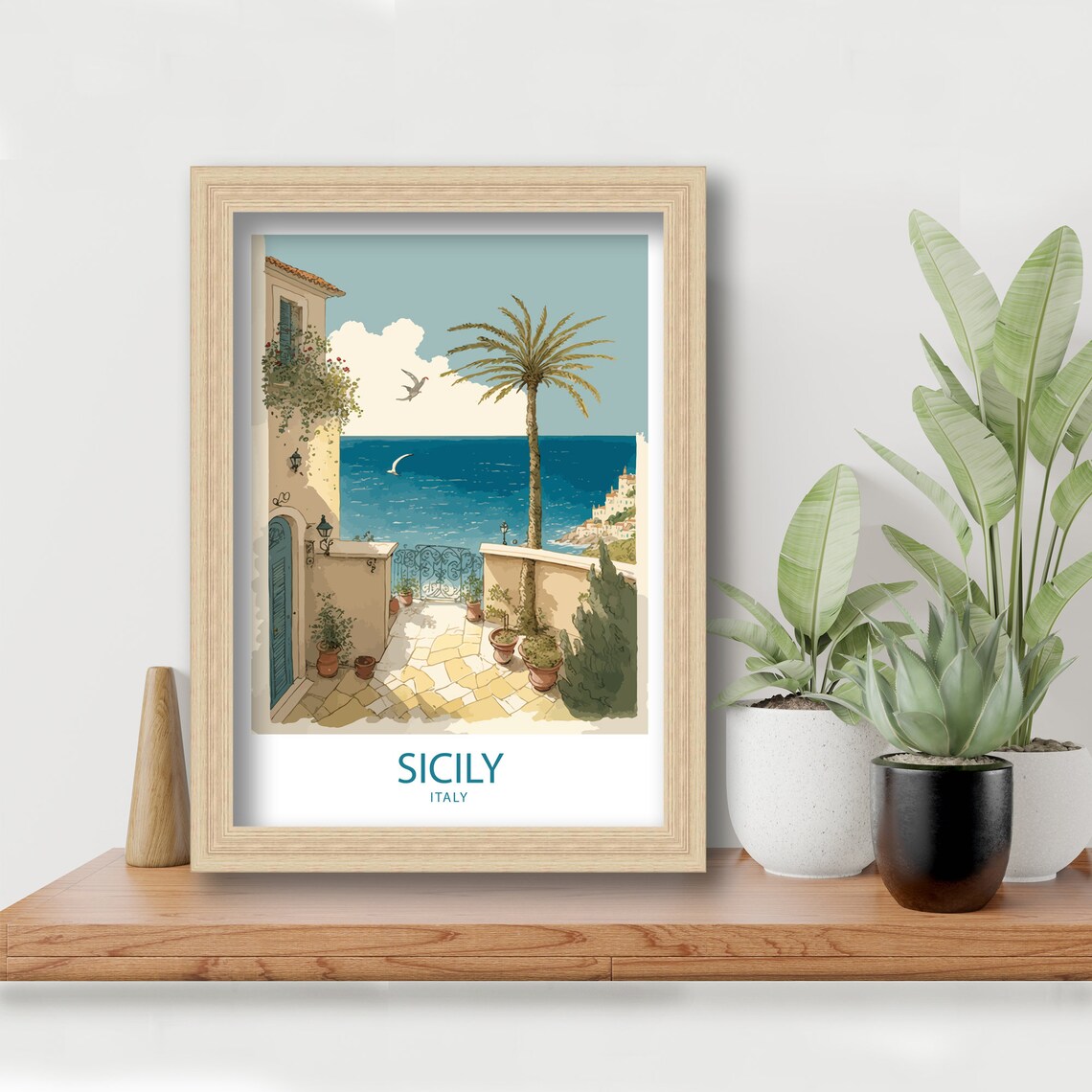 Sicily Italy Seaside Terrace Palm Stone Courtyard Travel Poster - Image 5