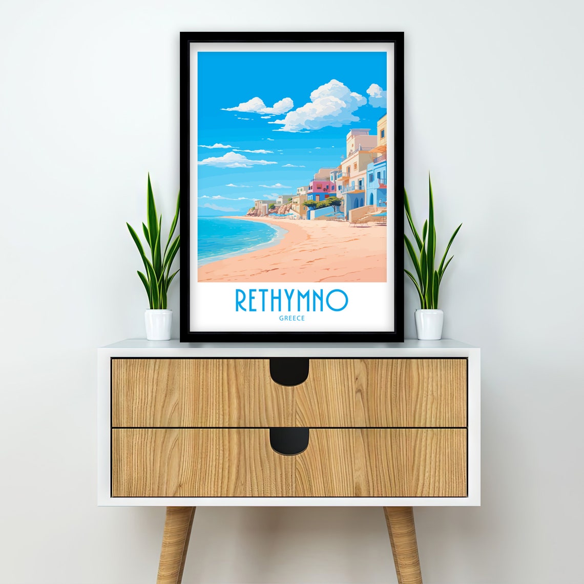 Rethymno Greece Sandy Beach Colorful Hillside Buildings Summer Poster - Image 3