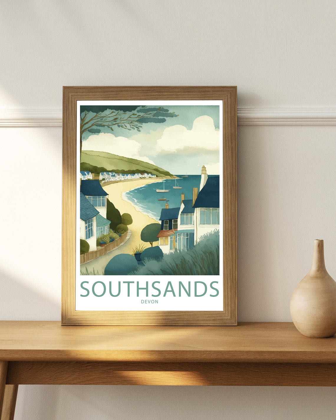 South Sands Devon Watercolor Seaside Village Sandy Beach Cove Poster - Image 4