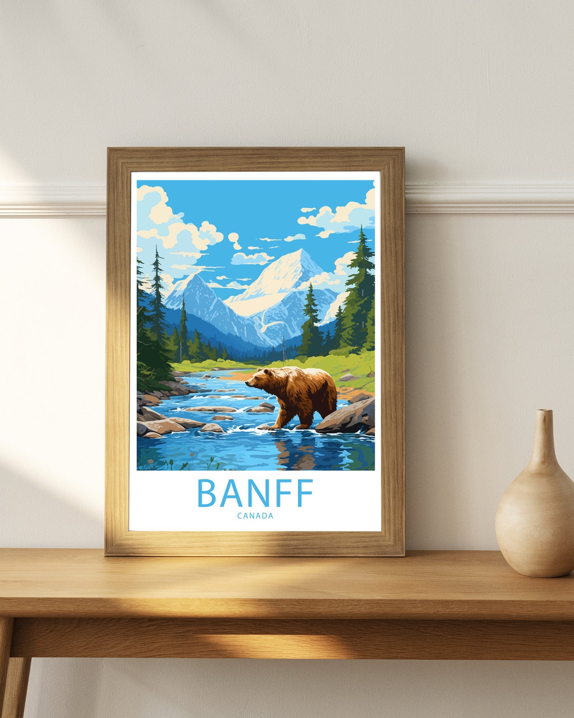 Banff Canada Grizzly Bear Mountain River Illustrated Travel Poster - Image 2