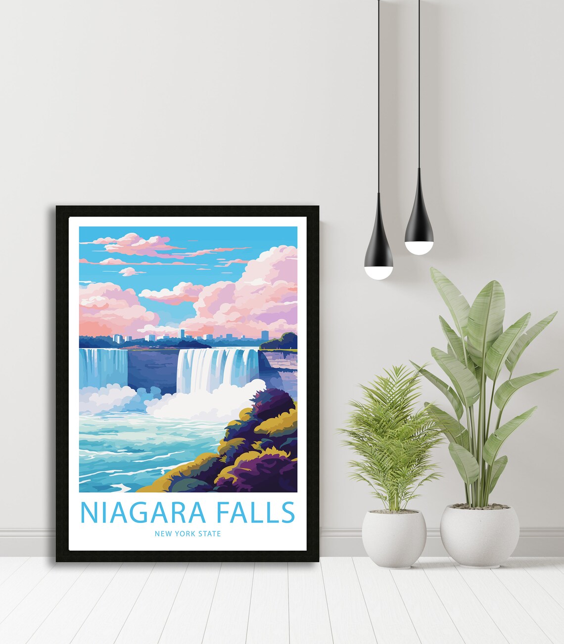 Niagara Falls New York State Falls Pink Sky Illustrated Travel Poster - Image 4