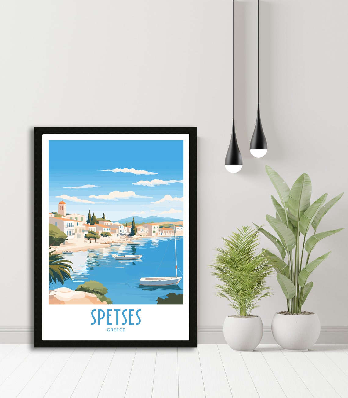 Spetses Greece Harbor Sailboats Bell Tower Retro Travel Poster - Image 5
