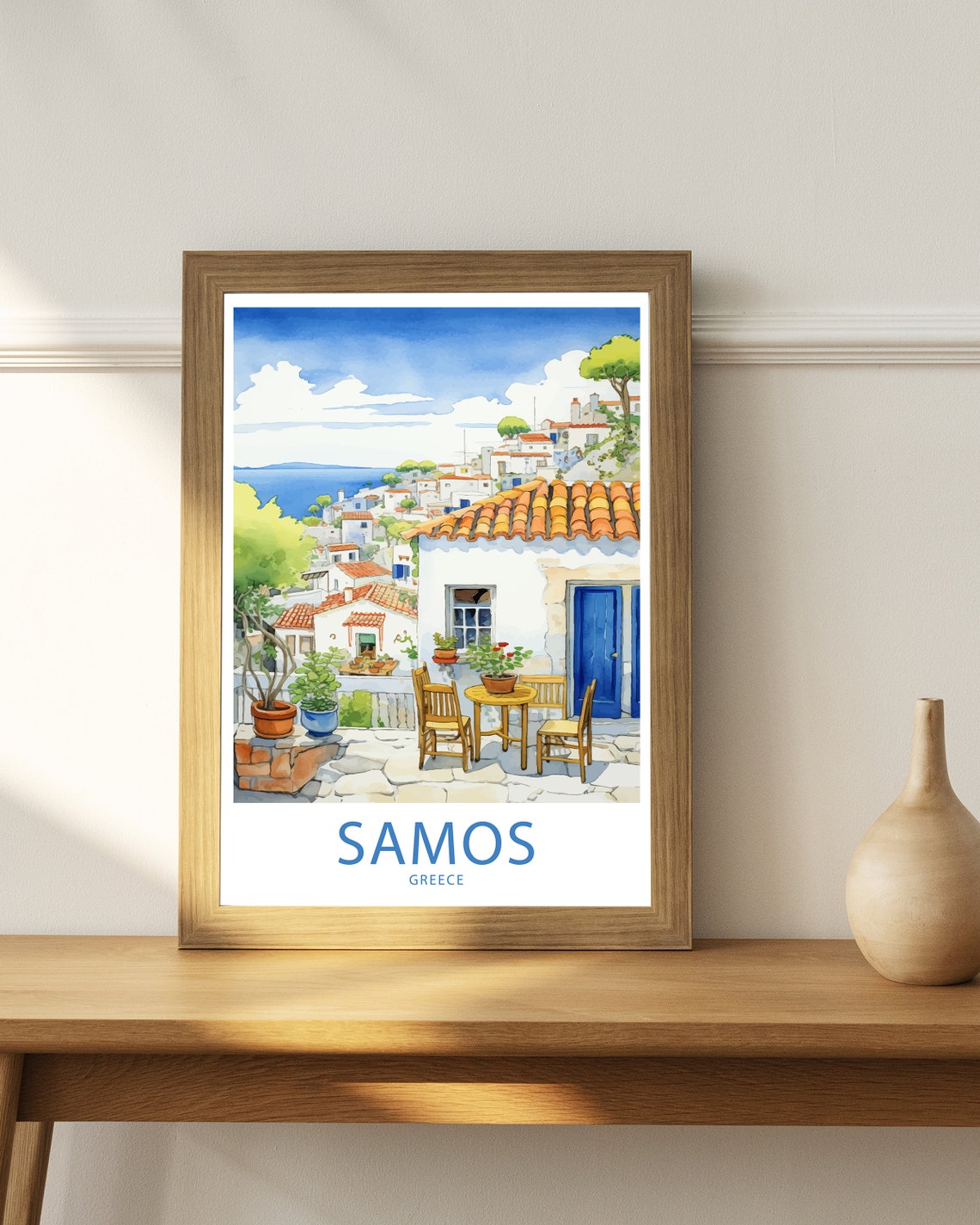 Samos Greece Sunlit Terrace Village View Watercolor Travel Poster - Image 4