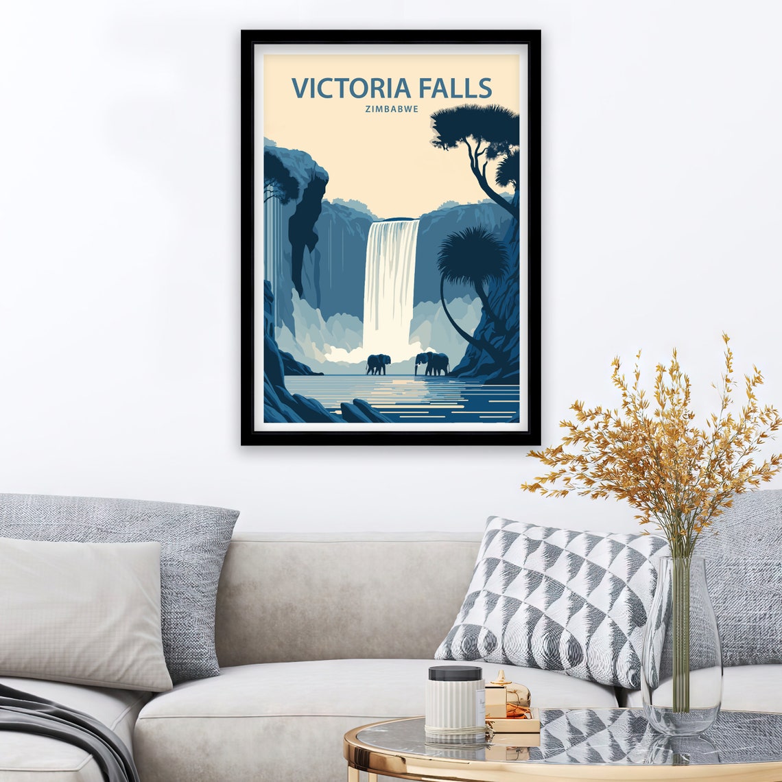 Victoria Falls Zimbabwe Waterfall Mist Elephants Night Blue Poster - Image 2