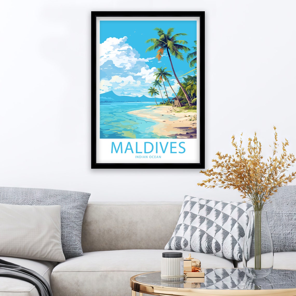 Maldives Indian Ocean Leaning Palms Sandy Beach Clear Blue Sea Poster - Image 2