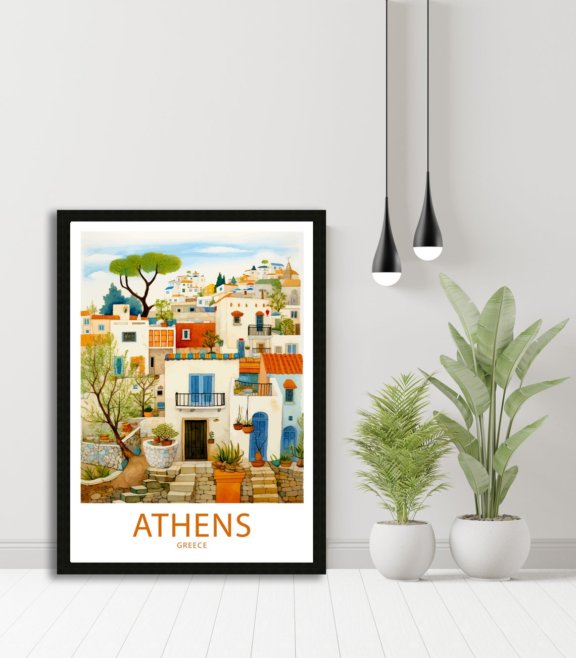 Athens Greece White Washed Old Town Houses Watercolor Art Poster - Image 5