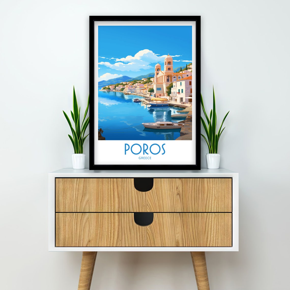 Poros Greece Waterfront Clock Tower Harbor Boats Sunny Day View Poster - Image 2