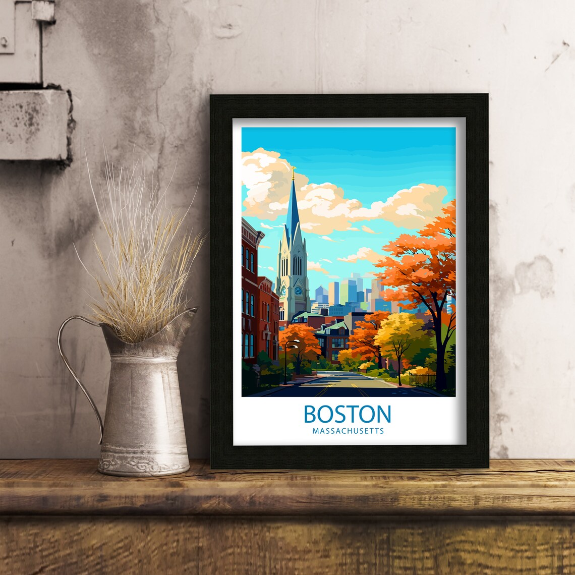 Boston Massachusetts Historic Church Spire Autumn Street Travel Poster - Image 6