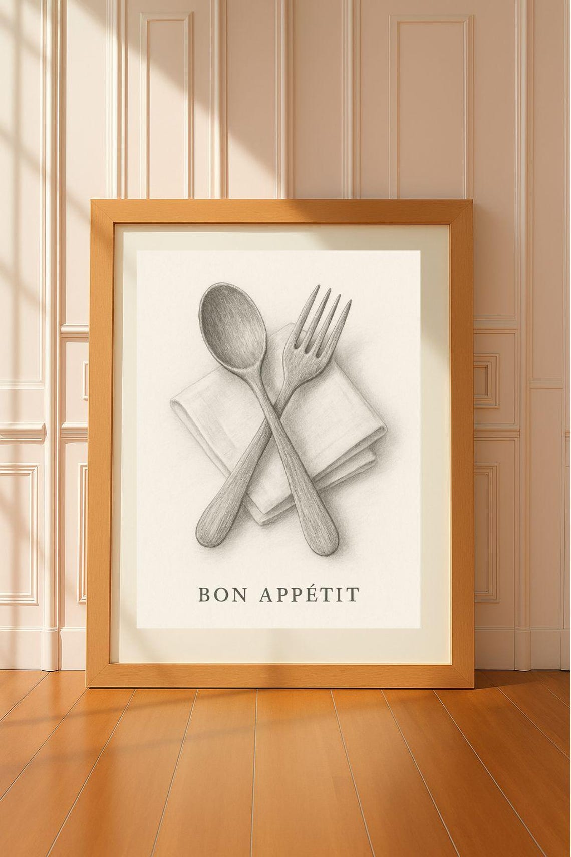 Bon Appetit Pencil Sketch Crossed Spoon Fork Napkin Kitchen Poster