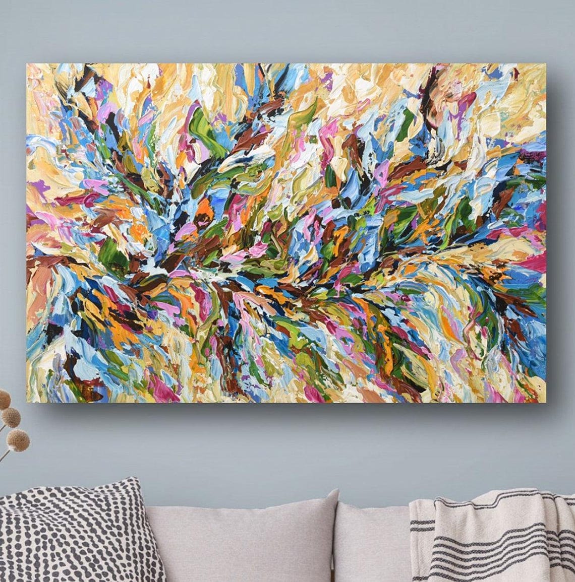 Colorful Abstract Floral Burst Pink Blue Gold Panoramic Art Poster