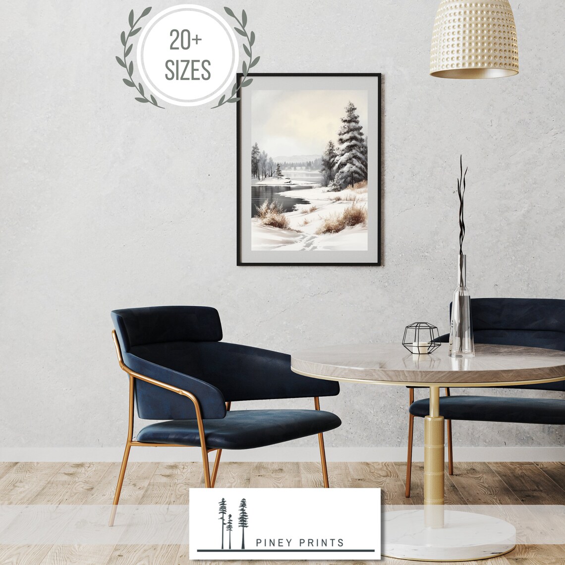 Snowy River Bank with Pine Trees Peaceful Winter Landscape Painting Poster - Image 3