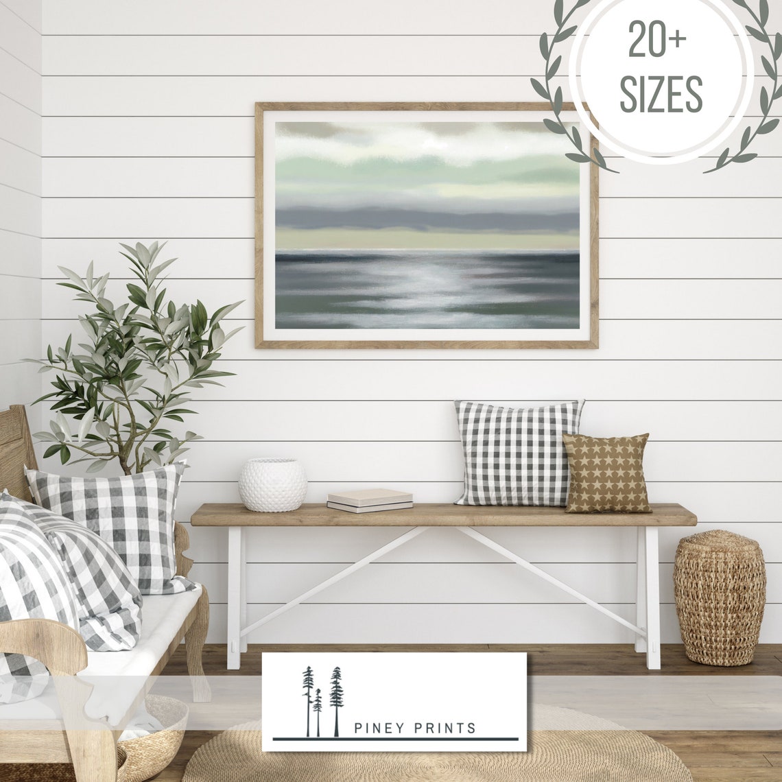 Minimal Abstract Ocean Horizon Sage Green Coastal Art Poster - Image 2