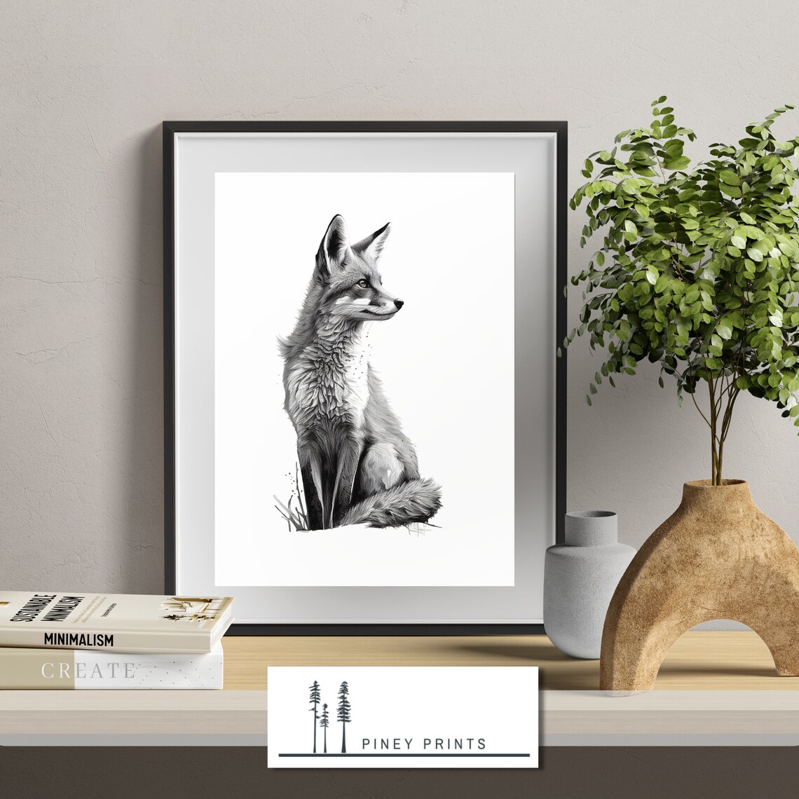 Black and White Fox Portrait Minimalist Woodland Animal Illustration Poster - Image 2