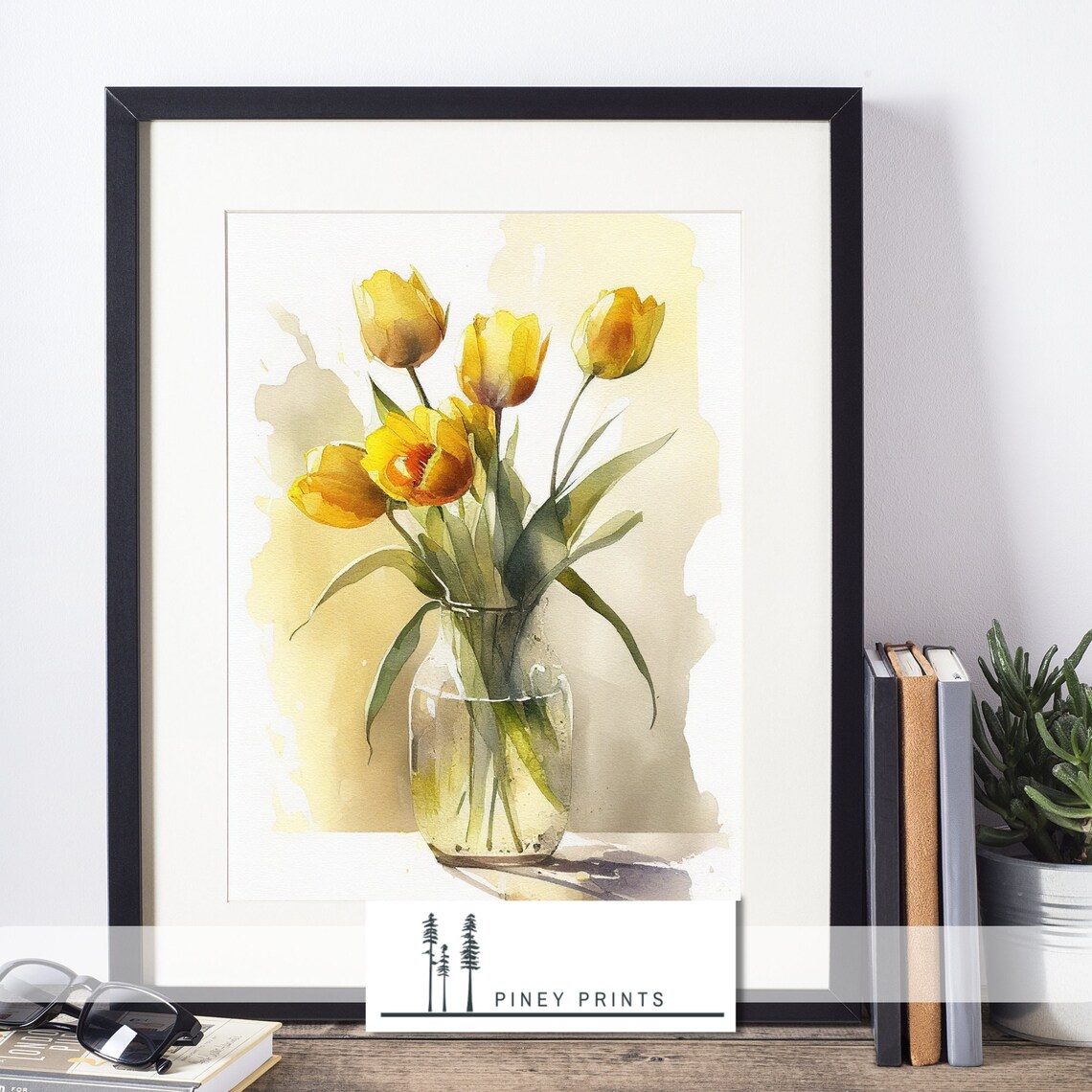 Yellow Tulips Glass Vase Watercolor Sunny Floral Bouquet Wall Poster - Image 3