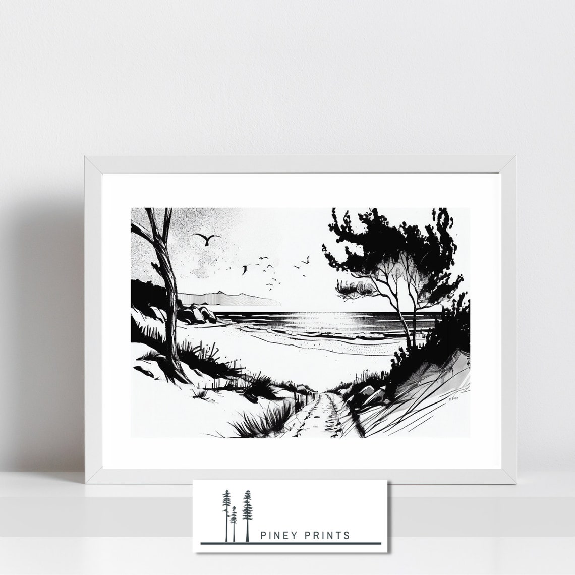 Black White Beach Path Ink Sketch Coastal Dunes Drawing Poster - Image 4