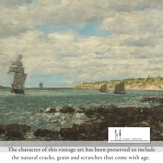 Coast Of Brittany Vintage Seascape Painting Sailing Ships Cloudy Sky Poster
