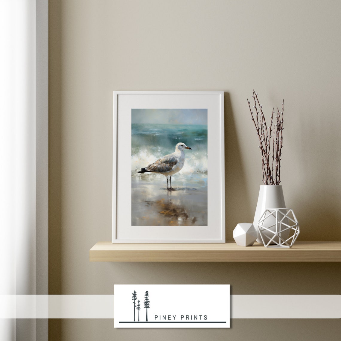 Seagull Standing In Ocean Surf Beach Waves Coastal Painting Poster - Image 2