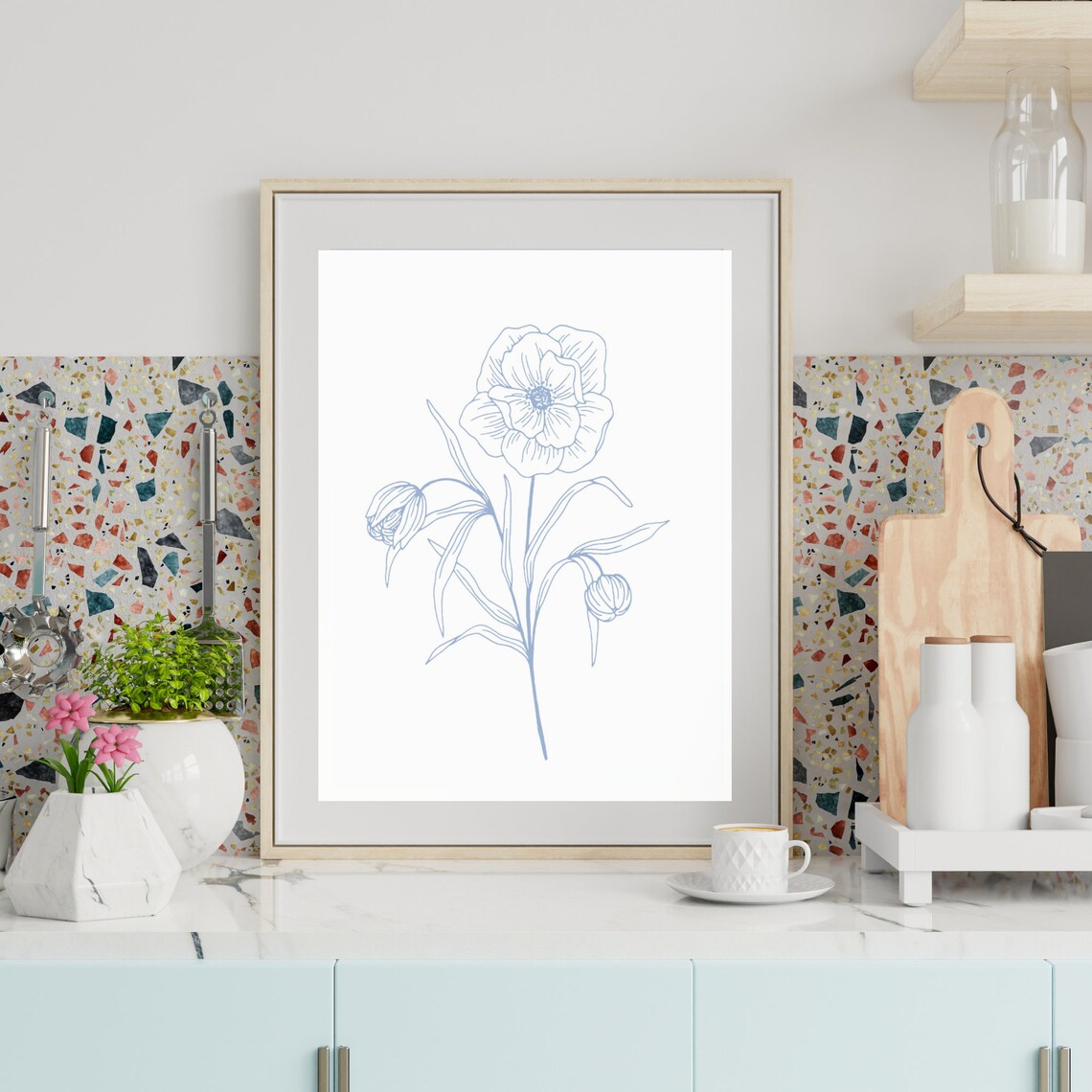 Blue Line Art Peony Flower Minimalist Botanical Drawing Poster - Image 4