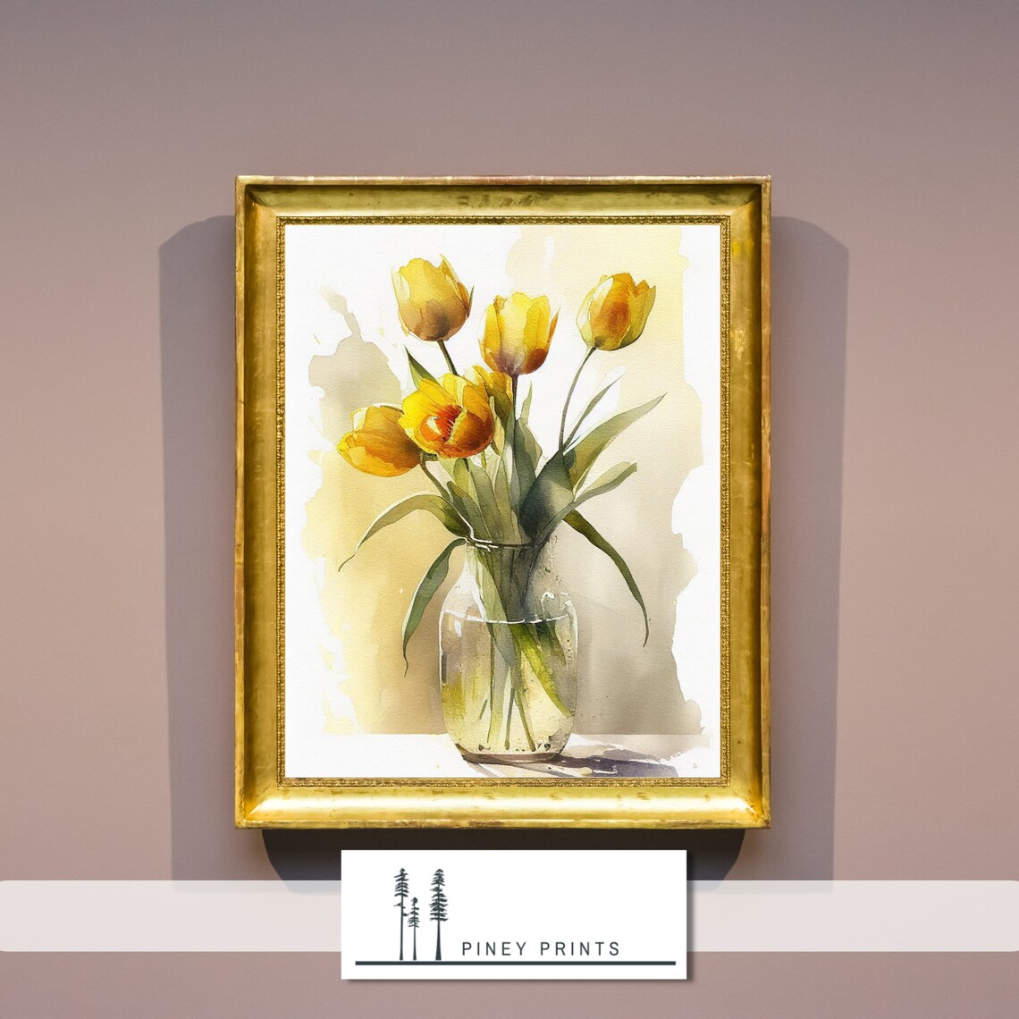 Yellow Tulips Glass Vase Watercolor Sunny Floral Bouquet Wall Poster