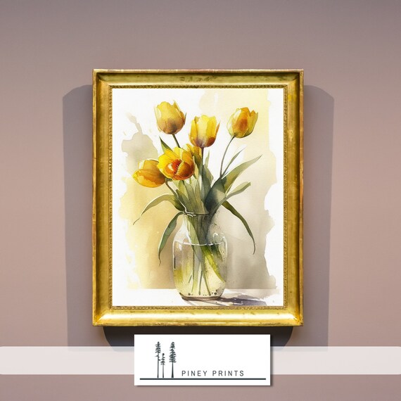 Yellow Tulips Glass Vase Watercolor Sunny Floral Bouquet Wall Poster