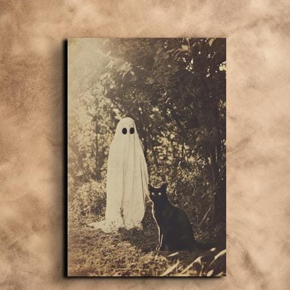 Vintage Sepia Ghost Beside a Black Cat in a Shadowy Autumn Wood Poster