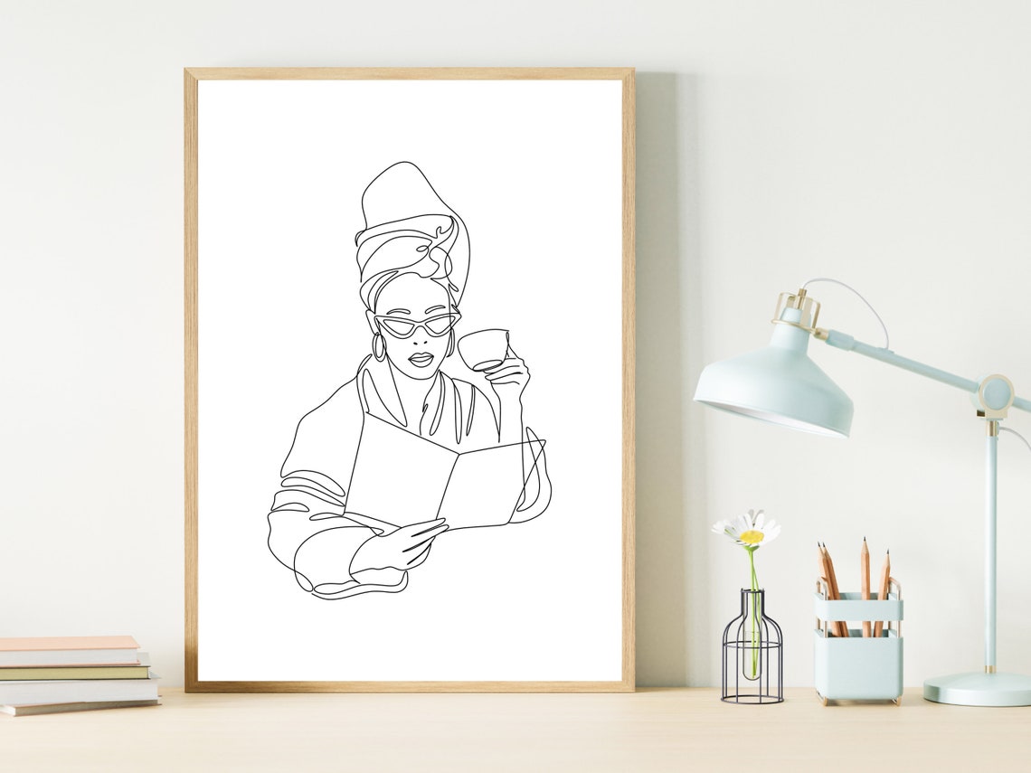 Woman Reading Book With Coffee Minimalist One Line Art Poster - Image 3