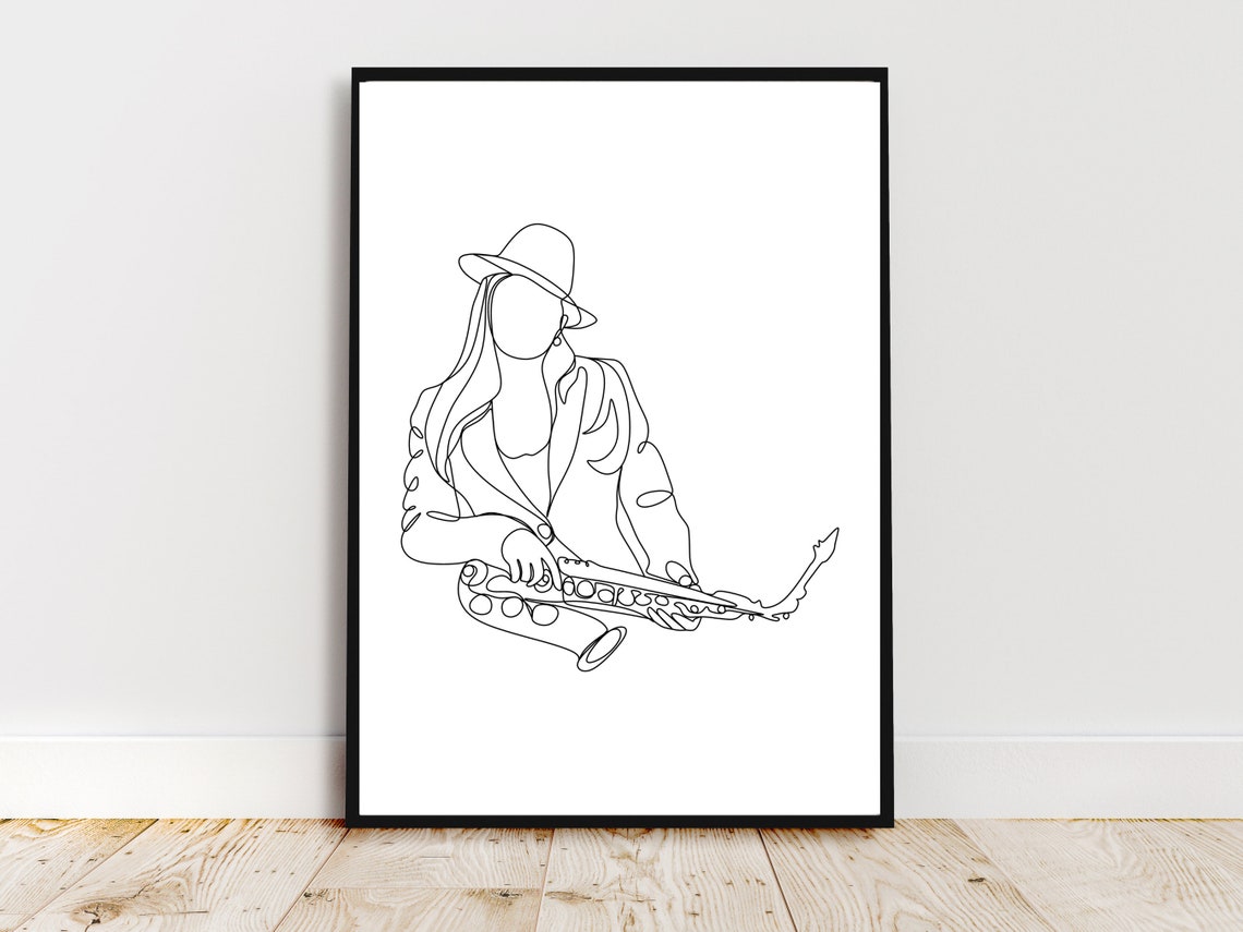 Woman In Hat Playing Saxophone Relaxed Minimalist Line Art Print - Image 4