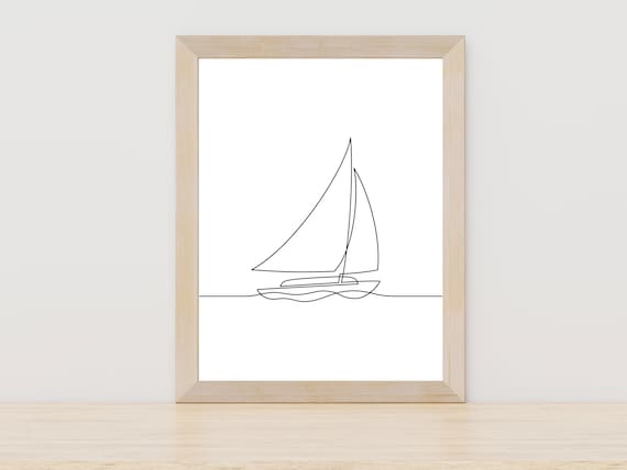 Minimalist Sailboat On Waves Single Line Art Nautical Decor Print