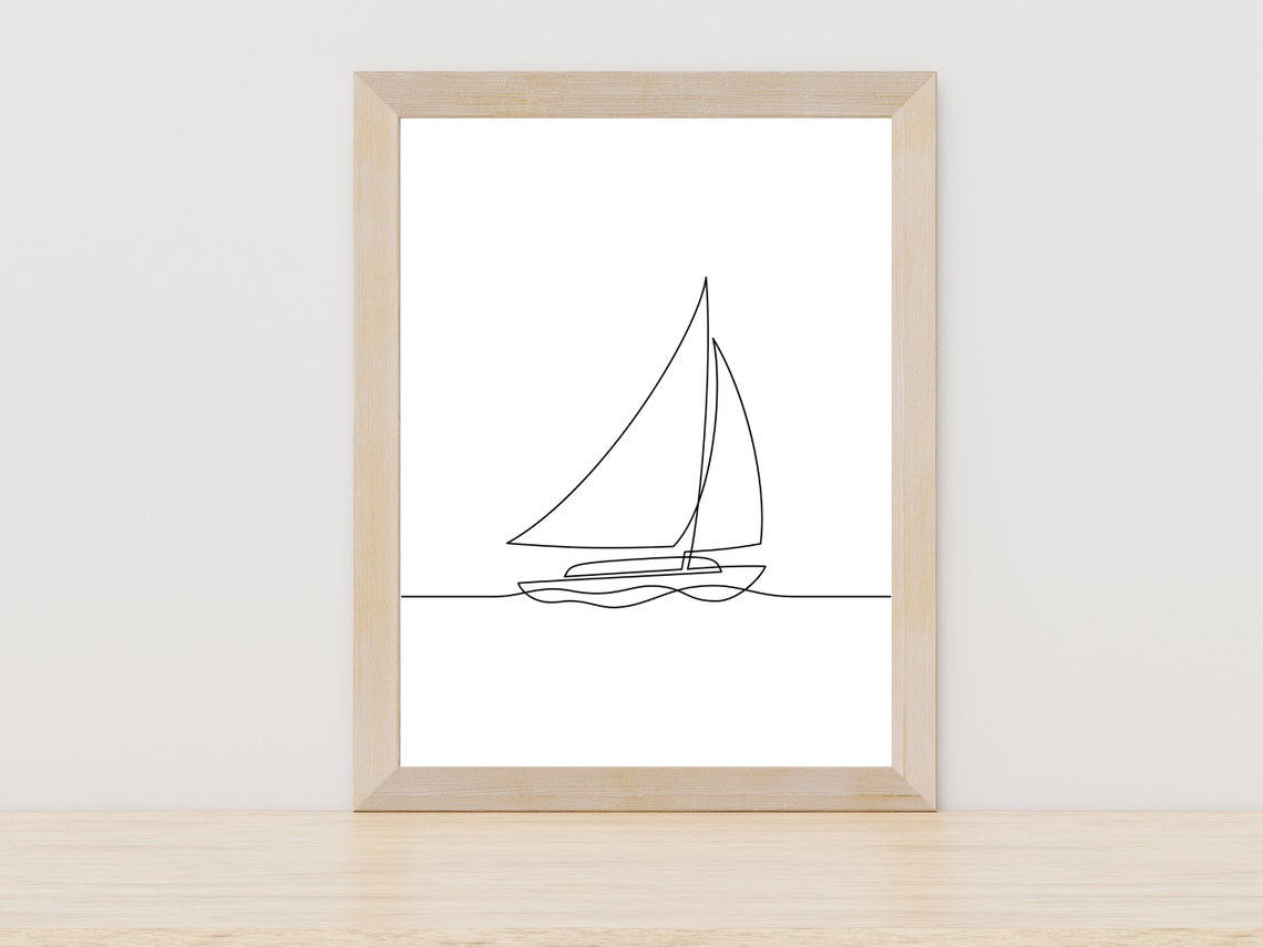 Minimalist Sailboat On Waves Single Line Art Nautical Decor Print