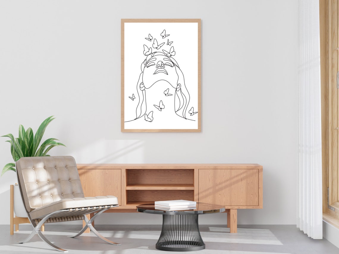 Woman With Butterfly Face Line Art Abstract Woman Face Art Print Woman With Butterfly Female Face Line Art Fine Line Poster One Line Art - Image 4