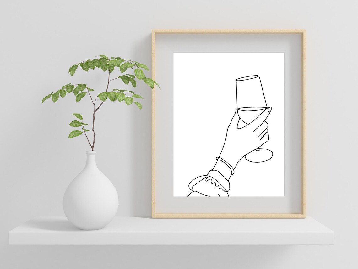Woman Holding Wine Glass Minimalist Line Art Wine Lover Wall Decor Poster - Image 2
