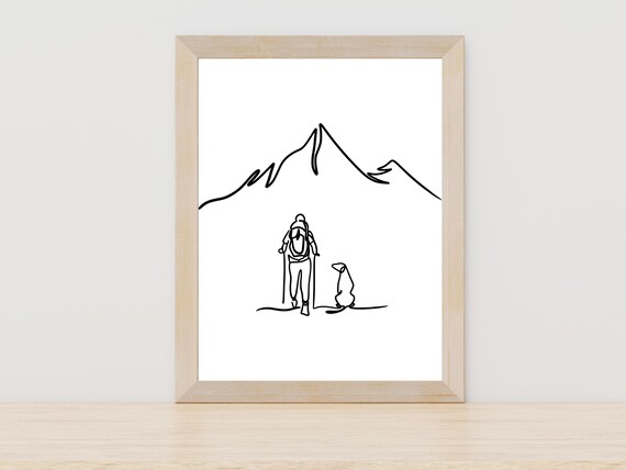 Hiker And Dog Mountain Line Art Outdoor Adventure Wall Poster
