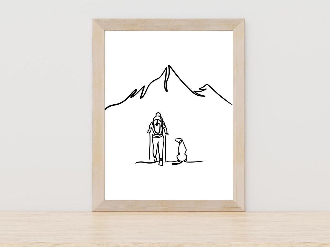 Hiker And Dog Mountain Line Art Outdoor Adventure Wall Poster