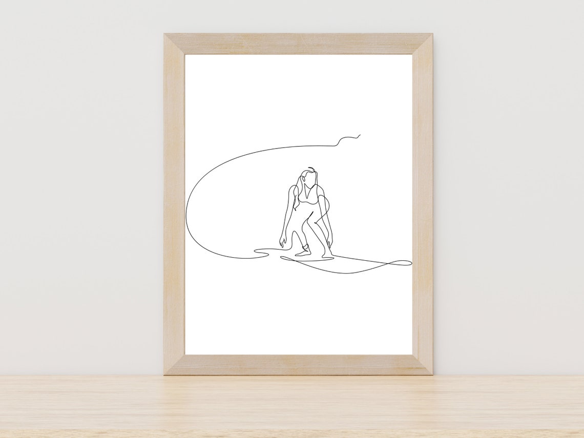 Surfer Riding Wave Continuous Line Drawing Beach Ocean Poster