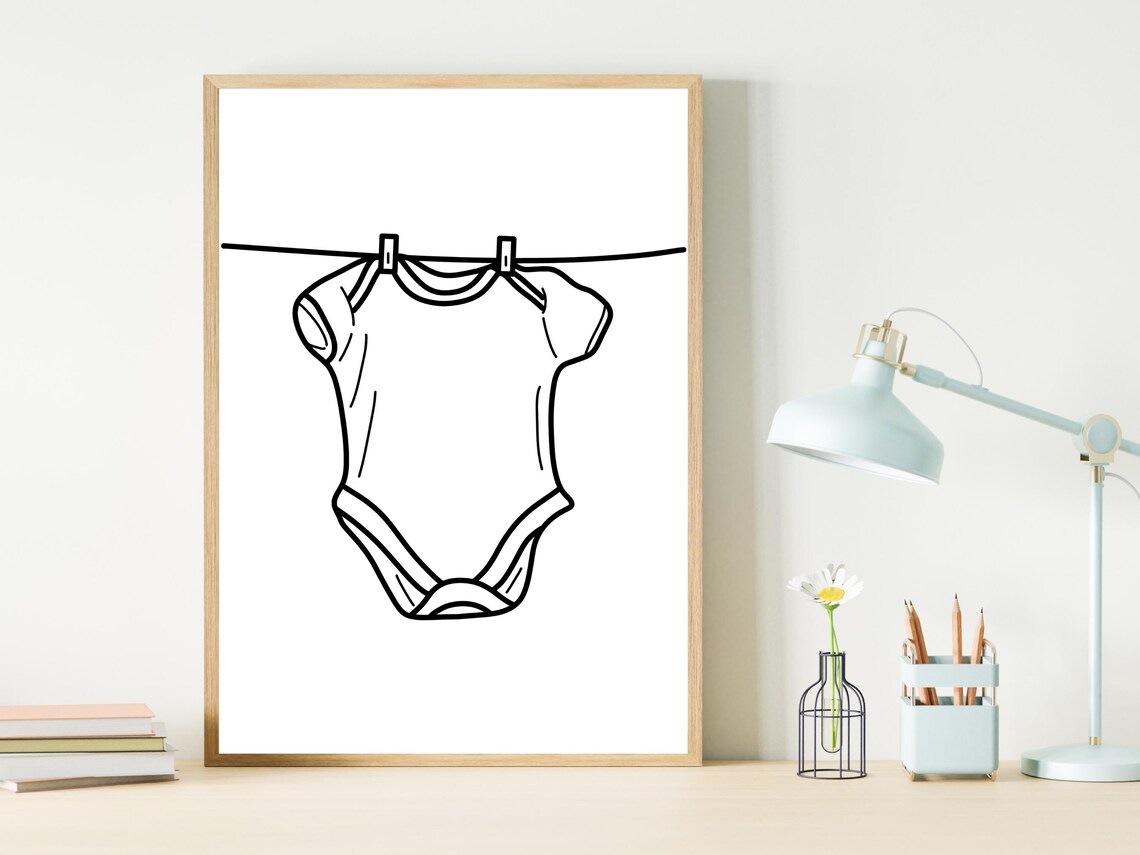 Baby Onesie On Clothesline Line Art Nursery Wall Decor Minimal Poster - Image 2