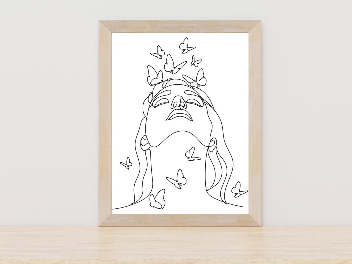 Woman Face Butterflies One Line Drawing Minimalist Beauty Poster