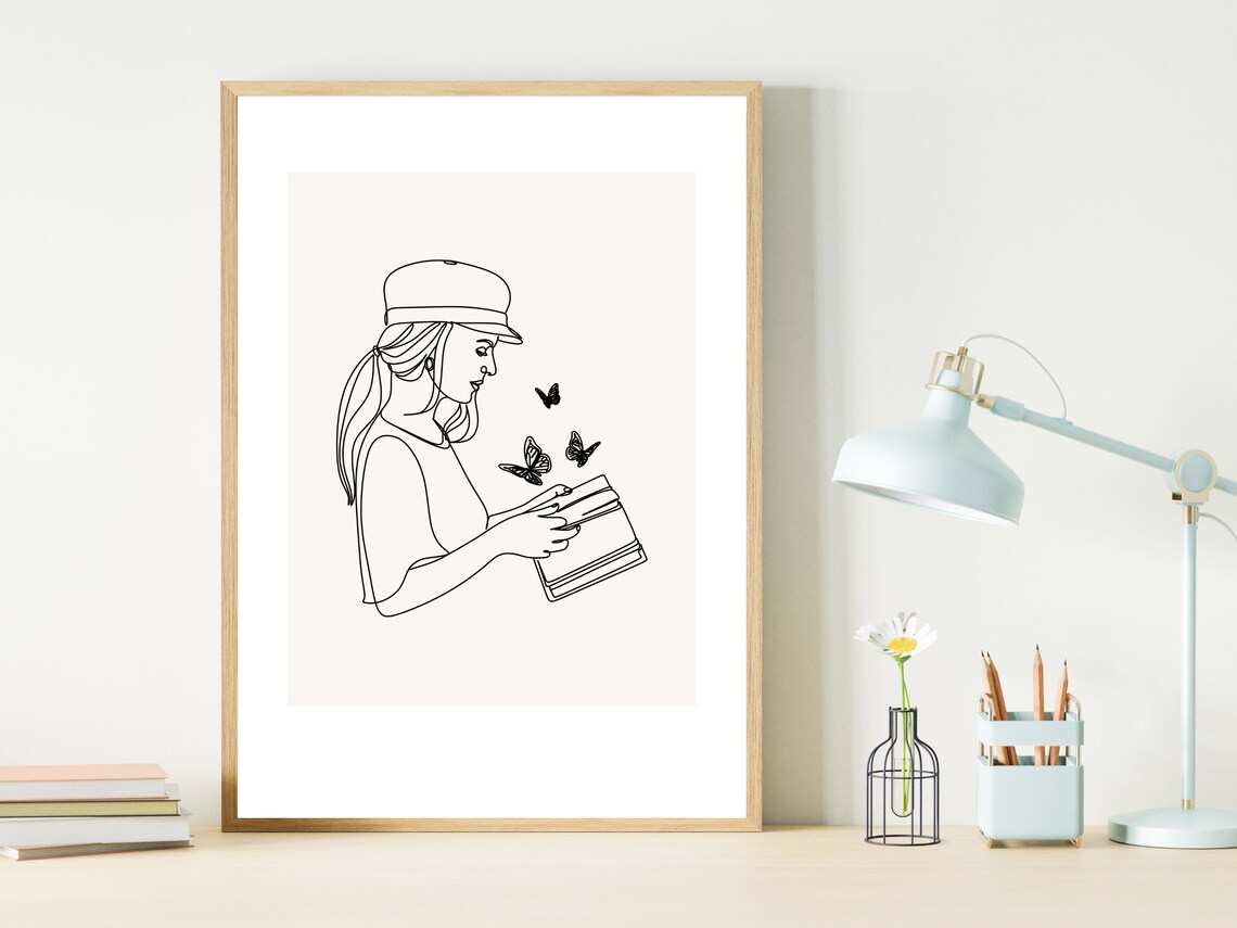 Girl Reading Book With Butterflies Minimalist Line Art Poster - Image 2