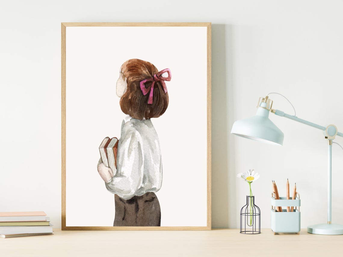Watercolor Girl With Books Pink Bow Back View Nursery Art Poster - Image 3