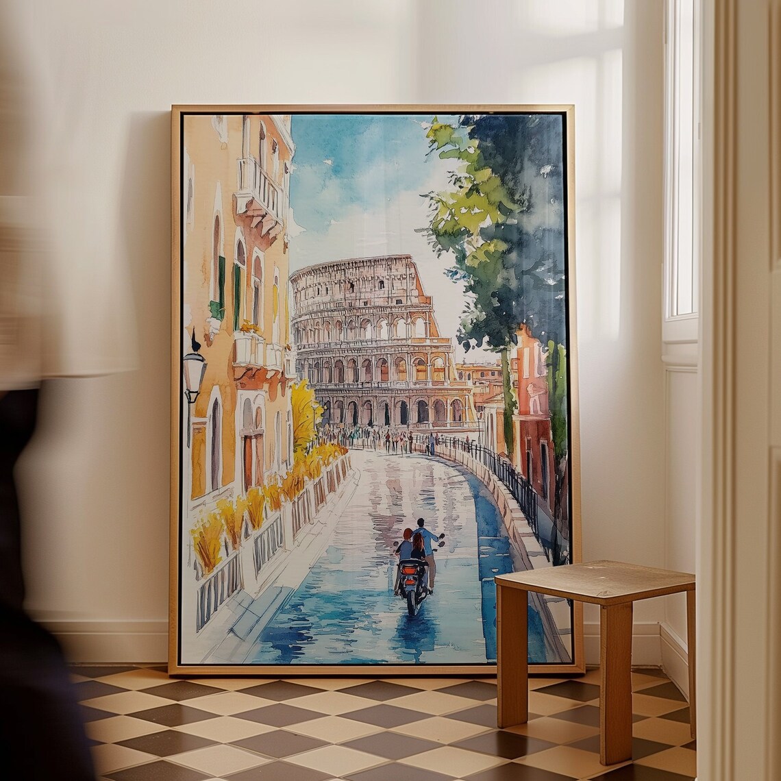 Rome Colosseum Watercolor Sunny Street Vespa Riders Italy Poster