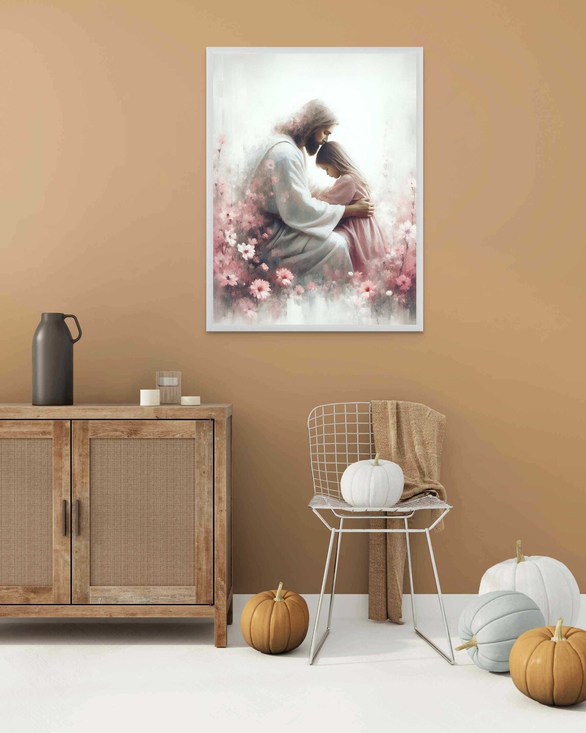 Jesus Embracing Girl Among Pink Blossoms Watercolor Art Poster