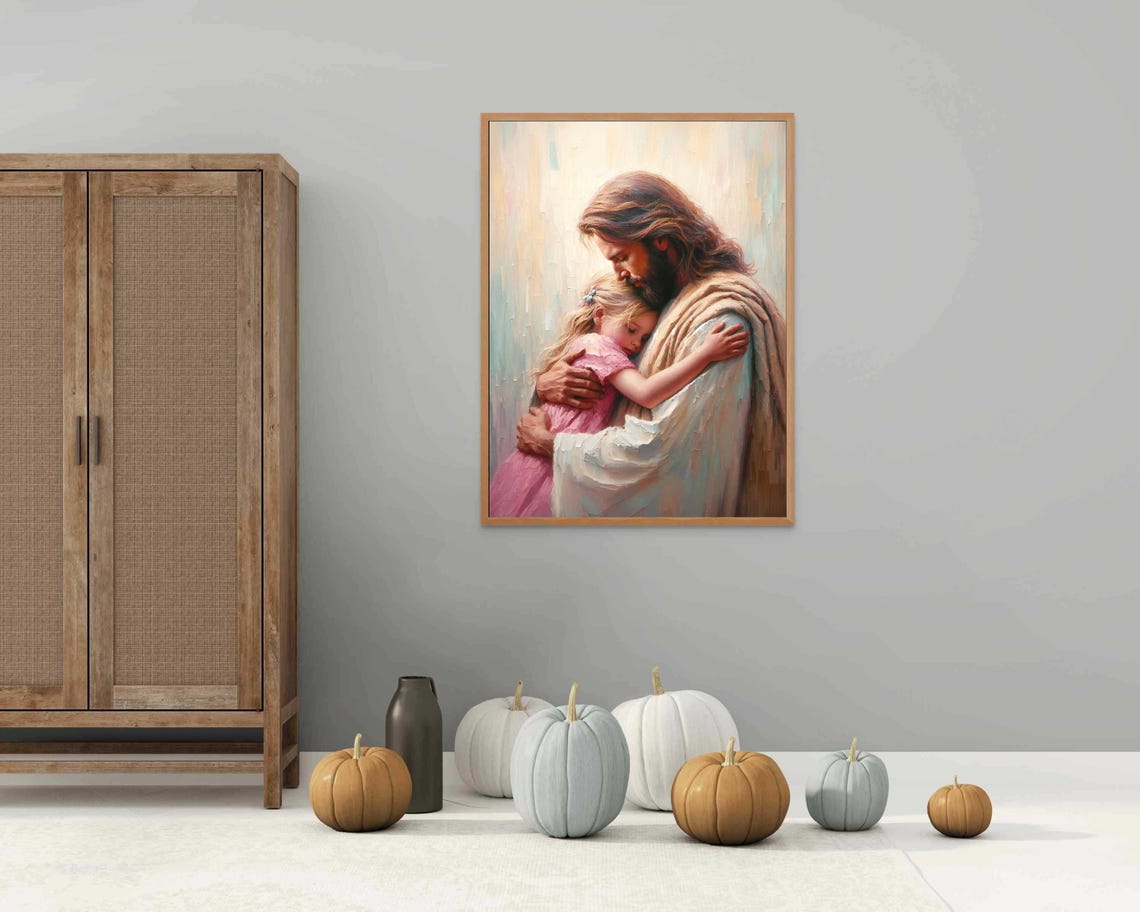 Jesus Embracing Young Girl in Pink Dress Pastel Impasto Poster - Image 5