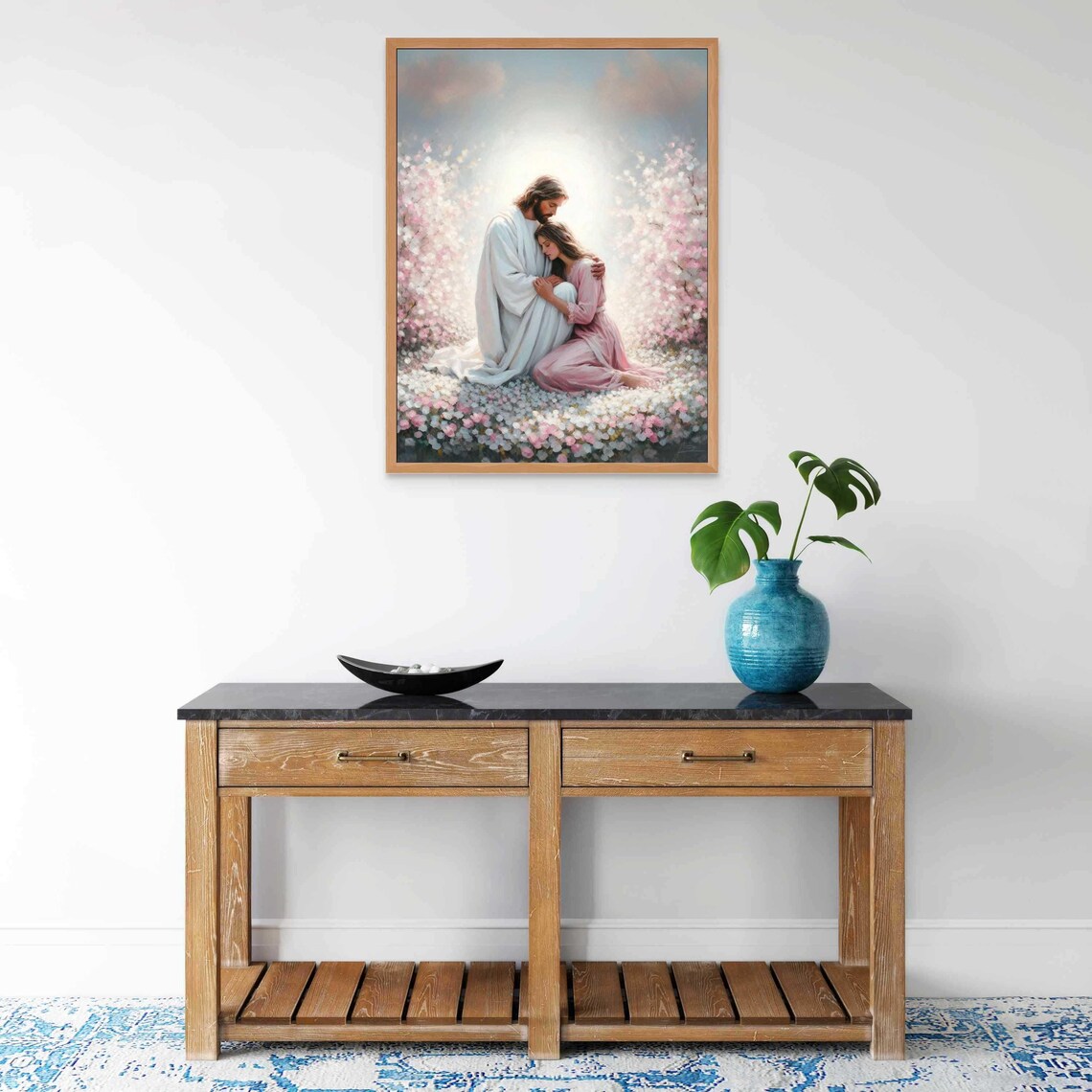 Jesus And Woman Kneeling Embracing Flower Field Tender Christian Poster - Image 6