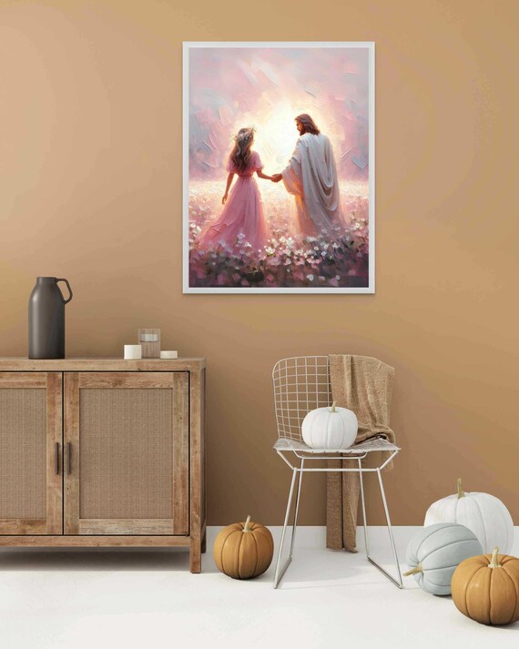 Jesus Christ Holding Girl's Hand Among Flowers in Glowing Light Poster