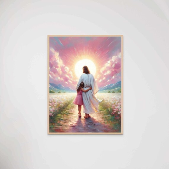Jesus Hugging Girl Mountain Sunrise Flower Path Tender Christian Poster