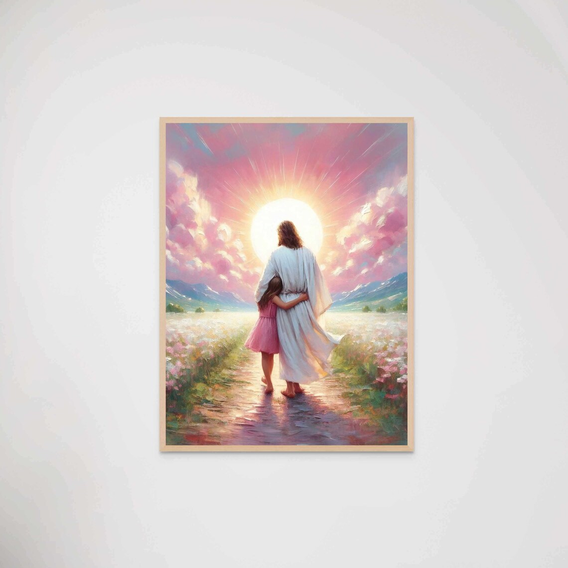 Jesus Hugging Girl Mountain Sunrise Flower Path Tender Christian Poster