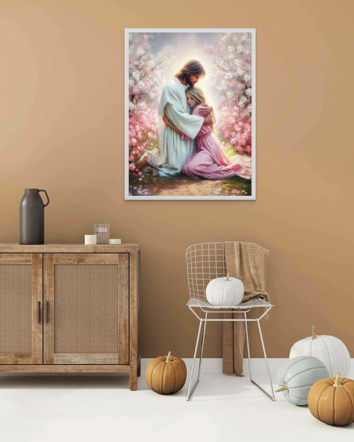 Jesus Kneeling Embracing Woman Pink Dress Blossom Garden Christian Print - Image 2